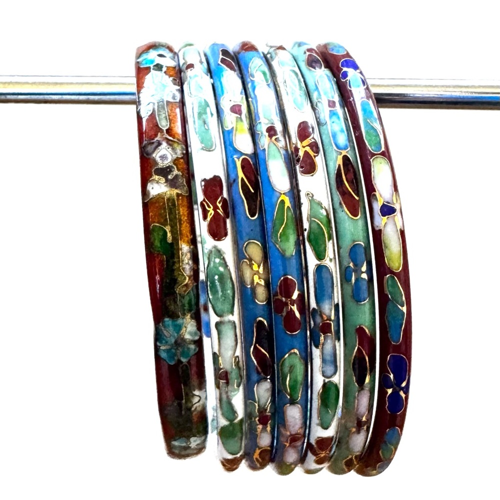 Vtg Set Of 7 Cloisonne Bangle Bracelets Asian Floral - Picture 5 of 10
